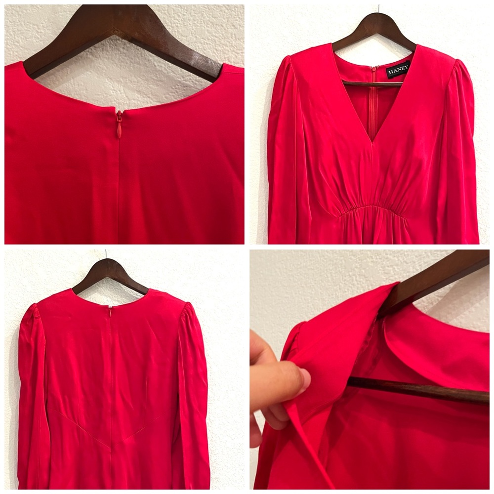 NWT Haney Red Split Sleeve Gathered Satin Dress - Picture 14 of 16